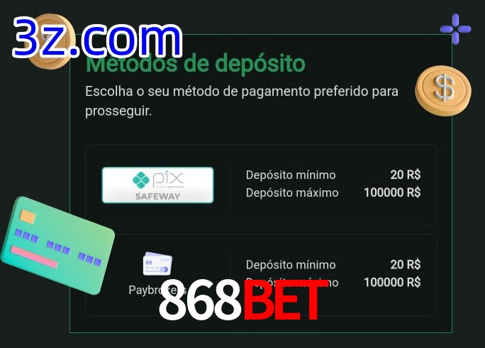 O cassino 868Bet oferece uma grande variedade de métodos de pagamento
